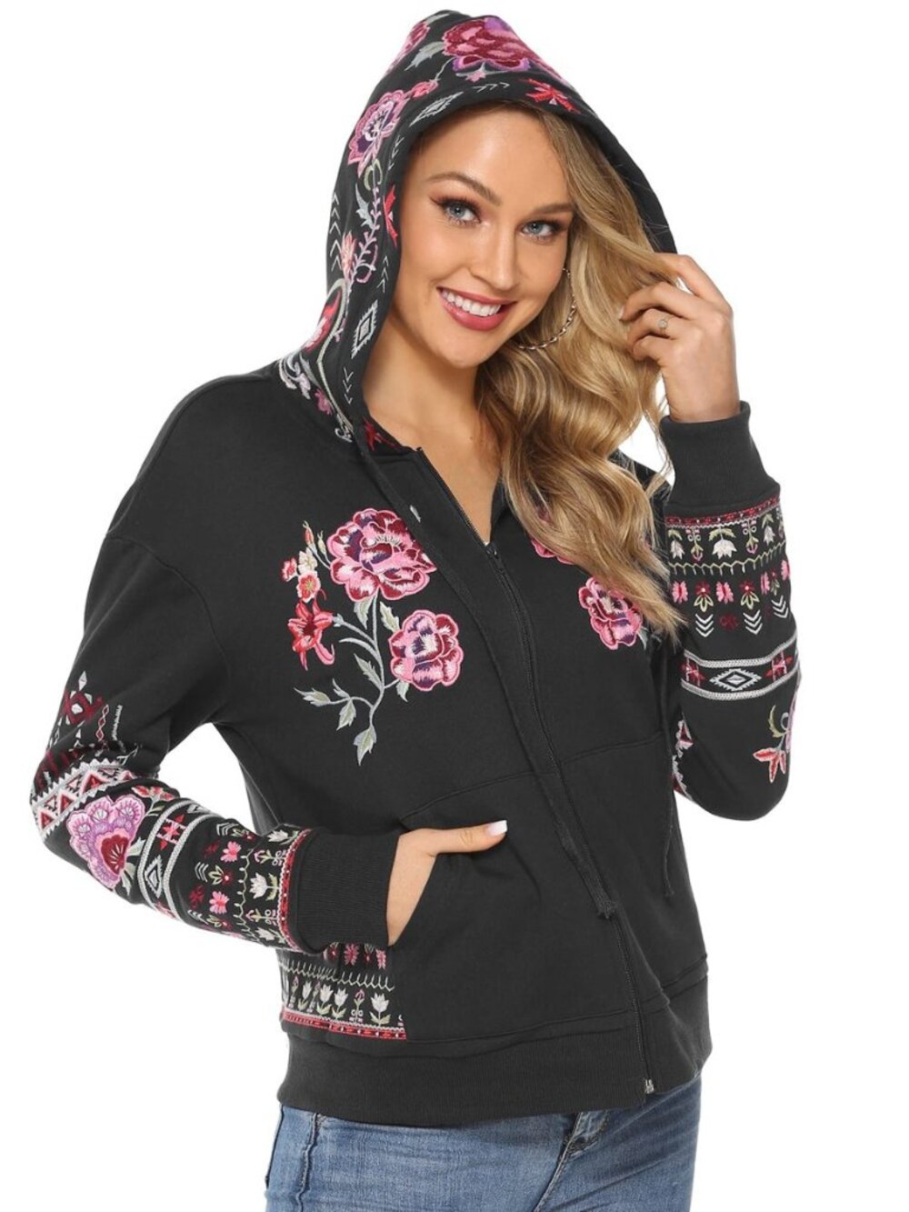 Boho Floral Embroidered Hoodie for Women Zip Up Long Sleeve Hooded Sweatshirt